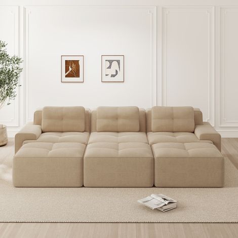 Divano modulare angolare in velluto a coste beige, funzione letto, seduta profonda 74 cm (1/5)