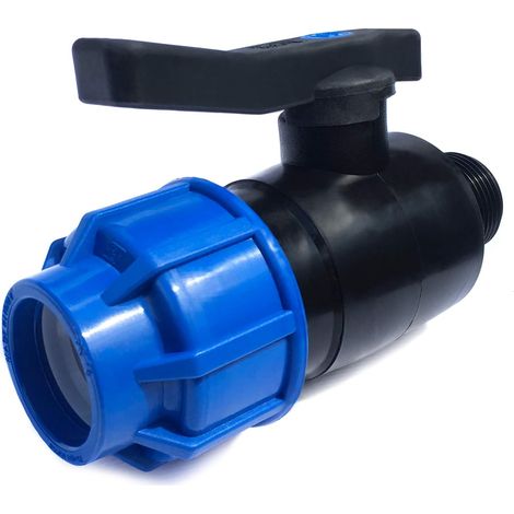 Robinet à boisseau sphérique PP 20 mm x 1/2" - Vanne à Compression d'Arrêt filetée mâle 20mm x 1/2" - Raccord de serrage Tuyaux en Polyéthylène (PEMD, PEAD, PPR) - Étanchéité parfaite PN 16 bar (1/4)