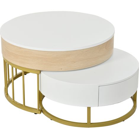 CAIziEnsemble tables rondes relevables tiroir pieds métal doré MDF blanc bois (1/5)