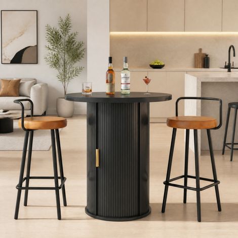 Set de mesa de bar redonda con 2 taburetes, MDF negro con almacenaje, 60 x 60 x 91,6 cm, OKWISH (1/5)