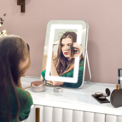 Blanc - Miroir maquillage LED 3 couleurs, USB, loupe 10x, cadre pivotant, tactile, maquillage coiffure, 31x41,5x3 cm (1/4)