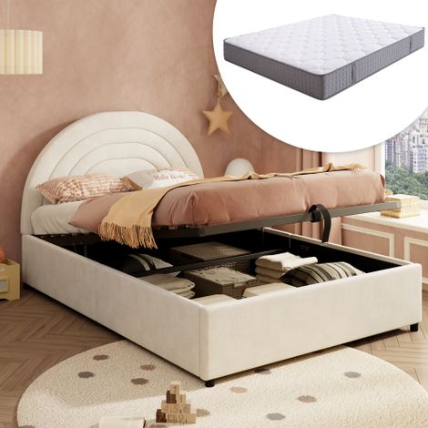 Lit enfant coffre 140x200 cm avec matelas - Tête de lit rembourrée et sommier à lattes - Tissu velours - Beige