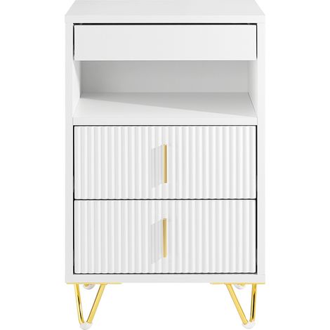 SoBuy Mesa de Noche – Mesa de Noche con 3 Cajones y Estante, Mesa Auxiliar Moderna para Dormitorio y Salón, Blanco, L40 × P40 × H63 cm, FBT168-W