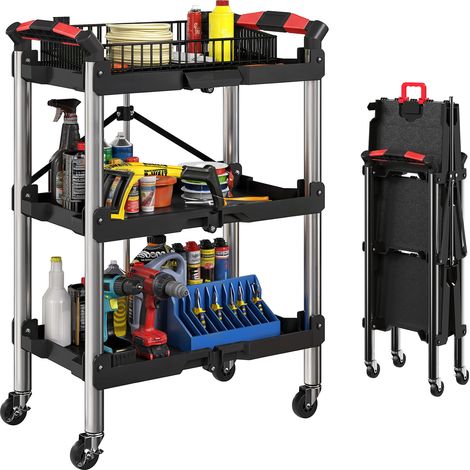 Werkzeug-Trolley, klappbarer 3-stufiger Werkzeugwagen, Kunststoff, Stahl, Schwarz (1/5)
