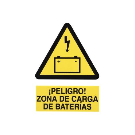 Señal de advertencia pictograma y texto Zona de Carga de Baterías                                                   Poliestireno       210X148 mm (1/2)
