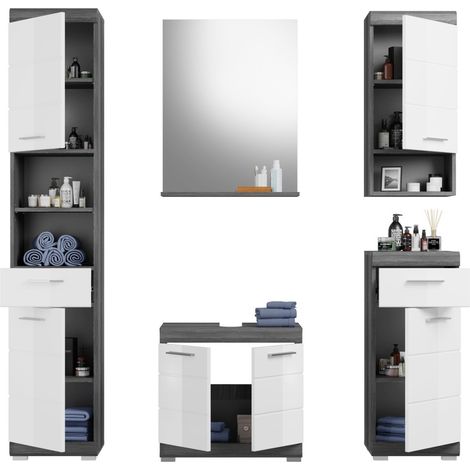 Set bagno SCOTT – Mobile sotto lavabo, specchio, colonna e 2 mezze colonne – Grigio scuro e bianco