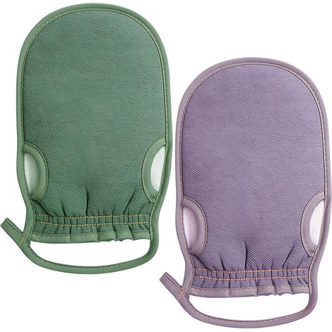 2-teilige Peeling-Handschuhe aus Naturfasern, geeignet für Hamam und Spa, Duschhandschuhe zur Tiefenreinigung und Entfernung abgestorbener Hautschüppchen, Lila + Grün