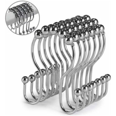 Crochets de rideau de douche, 12 pièces, anneaux de rideau de douche, rouleau en acier inoxydable, résistant à la rouille, double crochets de douche coulissants anti-chute pour rideaux de salle de bai (1/4)