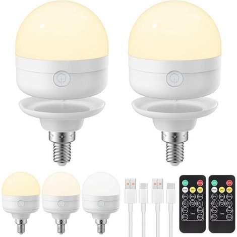 Lot de 2 ampoules LED rechargeables USB-C avec télécommande, 3 couleurs à intensité variable, avec batterie, 6 W Touch Control avec fonction de minuterie, éclairage d'urgence avec aim (1/4)