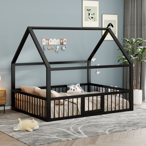 MEUBLIV Lit cabane 140x200 cm noir – cadre en métal avec barrière, sans matelas (1/5)