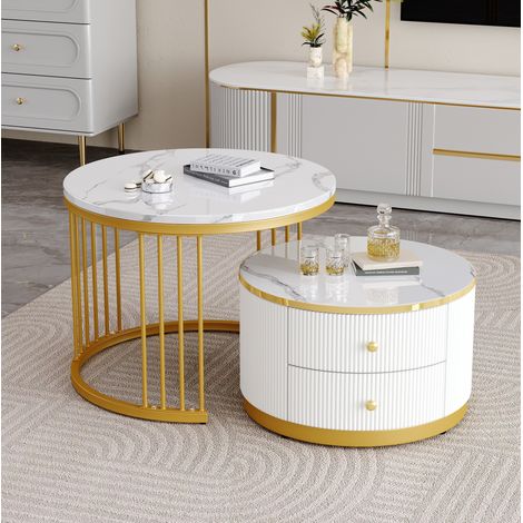 Tavolino basso gigogne 2 pezzi rotondo, effetto marmo lucido, 60x60x45,5 cm, bianco DESVIAE (1/5)