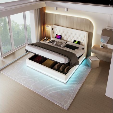Cama doble clásica 160x200 cm en PU blanco con cabecero tapizado, arcón hidráulico, LED y puertos USB-C (1/5)