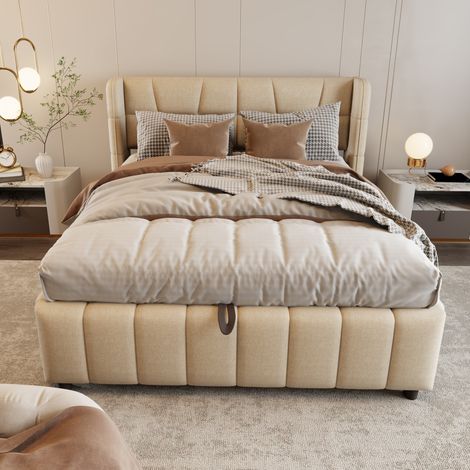 Cama canapé 140x200 cm doble con cabecero y somier de lamas, tapizada en tela, color beige (1/5)