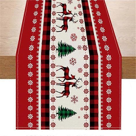 Chemin de table de Noël, Chemin de table avec élans et sapins de Noël, Décoration de table rouge pour les fêtes d'hiver, Chemin de table pour les fêtes, Réunion (1/5)