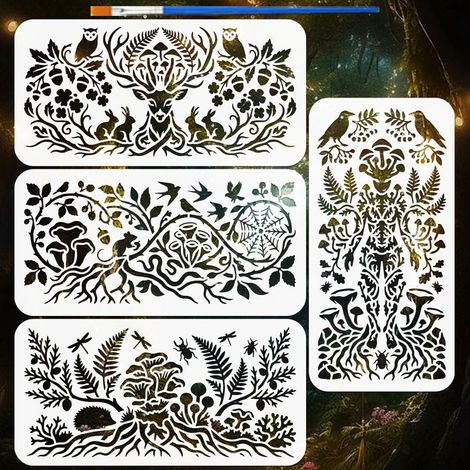 4Pièces Pochoirs Motif Fantaisie Forestière Avec Un Pinceau 30x15cm Pochoirs Peinture Plantes Araignée Toile Lierre Pochoir Thèmes Automne Modèle PET pour Bois Sol Mur Tissu Meubles DIY (1/5)