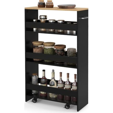 4 Tier Rolling Storage Cart 20cm Narrow Kitchen Trolley with Wheels Open Shelves and Handle Black (1/5)