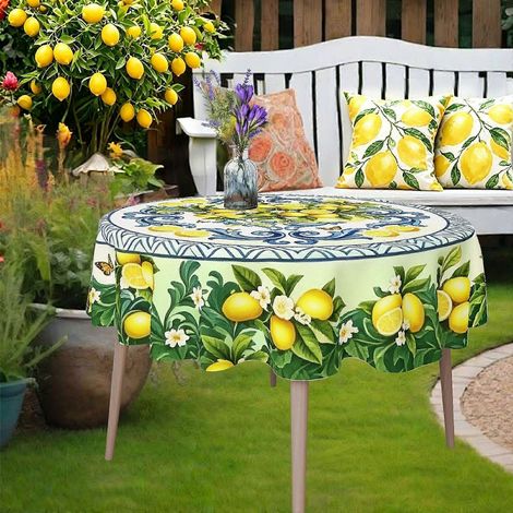 Nappe ronde à motif vagues bleu vif et citron (1 pièce), nappe de table résistante pour pique-niques et autres occasions spéciales estivales. (1/4)