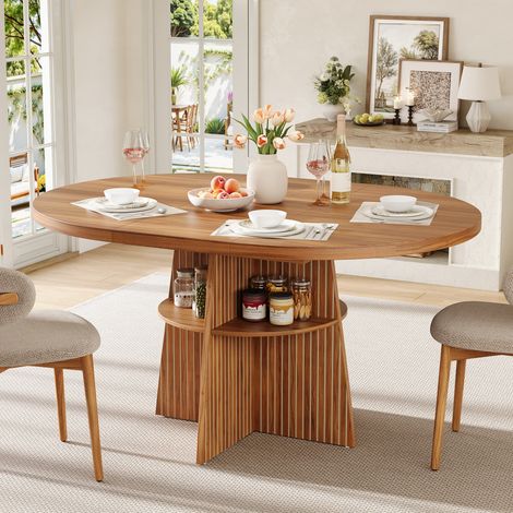 Table à manger ronde extensible 110-150x110x77,5 cm pour 2 à 8 personnes avec tablette de rangement MDF noyer (1/5)