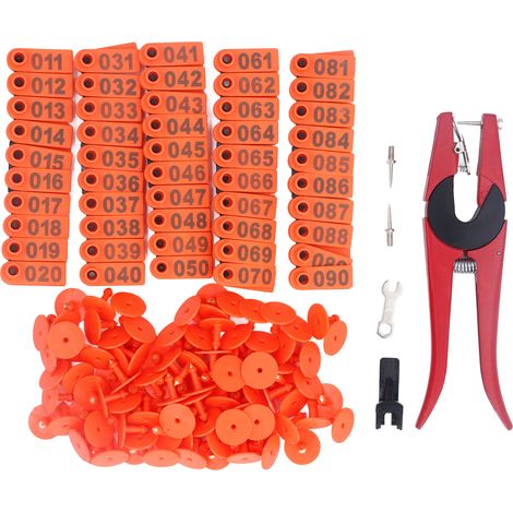 Kit d'étiquettes auriculaires pour bétail, 100 ensembles, numéro d'animal avec applicateur pour bétail, cheval, cochon, mouton, Orange, rouge, pince à 2 aiguilles (1/5)