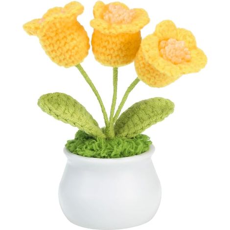 Fleurs de muguet artificielles au Crochet, tricotées à la Main, 3 têtes, en Pot avec tiges, pour la Saint-Valentin, pour la Maison, Les Mariages, Les Tables de Bureau (Jaune)