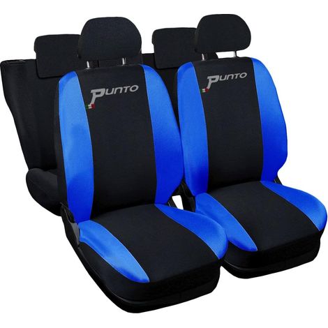 Lupex shop - Coprisedili Auto Compatibili per G.Punto.5pt, Made In Italy, set anteriori e posteriori (divisi 40/60), copri poggiatesta incluso, tessuto poliestere, Nero\Blu Royal (1/4)