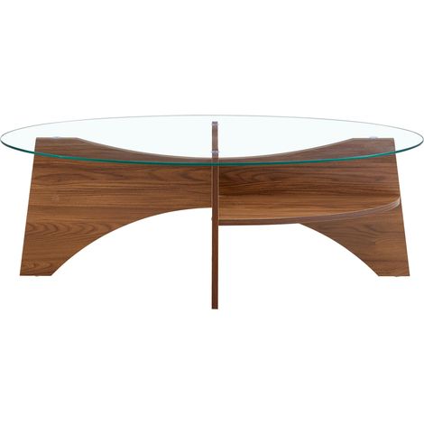 Mesa de centro ovalada de vidrio templado 104,9 x 60 cm con estante inferior color nogal (1/5)