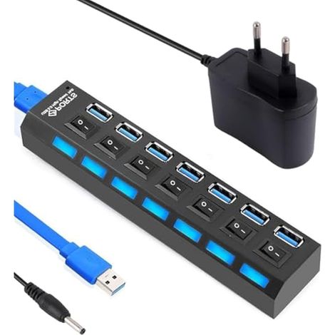 Hub USB 7 ports avec interrupteur marche/arrêt et LED, câble long, multiport pour ordinateur portable, PC, MacBook (1/5)