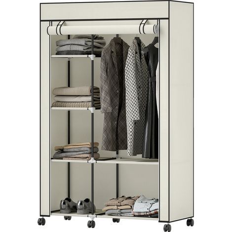 Armoire penderie, étagères ouvertes 103 x 43 x 162.5 cm crème, tissu meuble de rangement 6 roulettes tringle à vêtements (1/5)