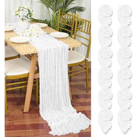 Lot de 12 chemins de table Blanc 55x300cm Gaze Tissu Rustique Bohème pour Mariage