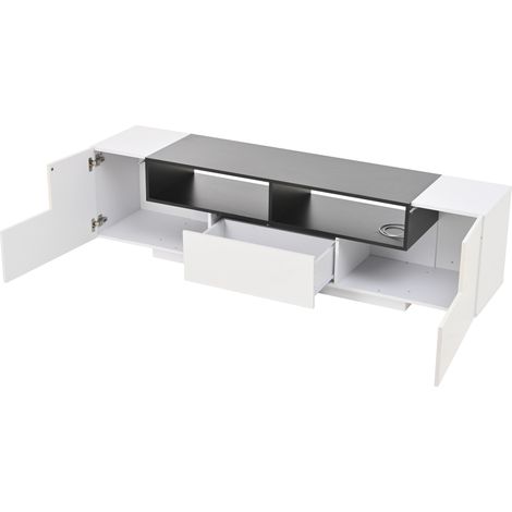 Meuble TV 180x40x48 cm blanc laqué avec LED contrôlable par application, 2 armoires en L, 1 tiroir et espaces de rangement ouverts (1/5)