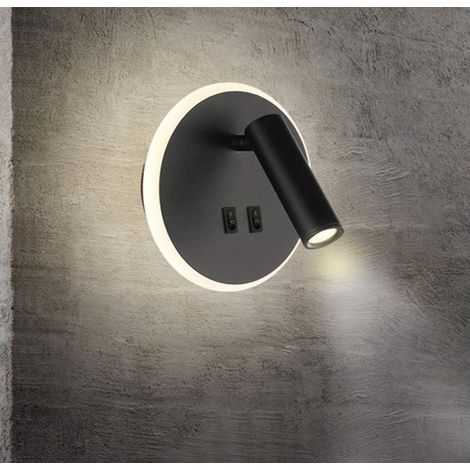 Lampade da comodino a LED, applique da interno per hotel, lampada da parete per camera da letto, lampada da parete per corridoio con interruttore - Luce neutra, nera (rotonda)
