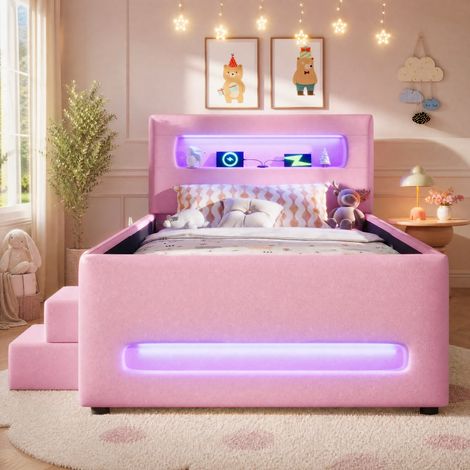 Letto singolo per bambini 90x200 cm in MDF e PU rosa con contenitore, senza materasso FloraGrace (1/5)