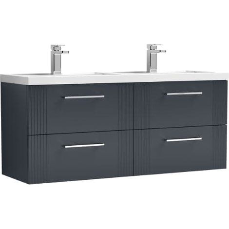 Nuie Deco Satin Soft Black 1200mm Wall Hung 4 Drawer Vanity Unit and Double Polymarble Basins - DPF1493C (1/5)
