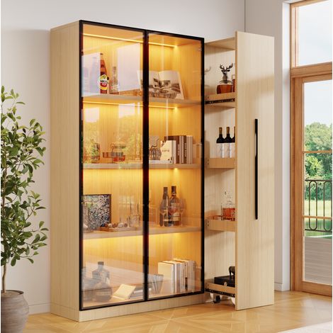 Vitrine 110,5x35x160 cm en MDF chêne, avec rangement et LED pour salon FloraGrace (1/5)