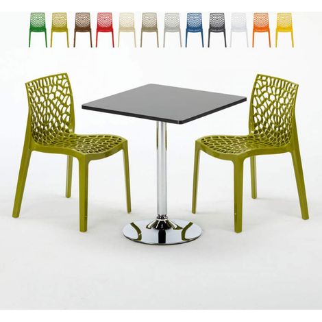 Table Carrée Noire 70x70cm Avec 2 Chaises Colorées Grand Soleil Set Intérieur Bar Café Gruvyer Mojito - Anis vert (1/5)
