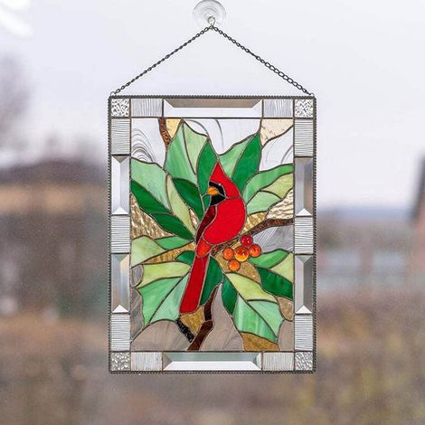 Suncatcher - Vitrail Oiseau Cardinal - Décoration Fenêtre Intérieure Extérieure - Artisanal En Verre et Acrylique - 1 Pièce (1/5)