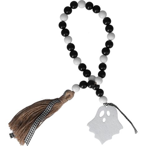 Guirlande de perles en bois noir et blanc avec pompons pour Halloween, décoration de maison et fêtes. (1/5)