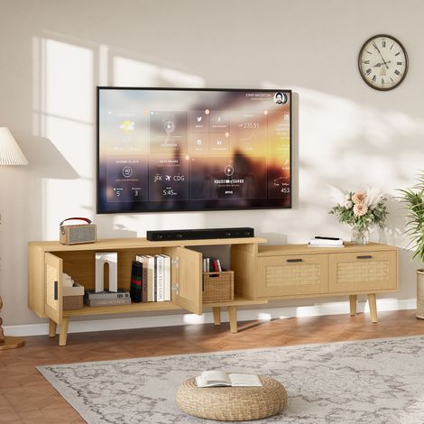 FOERPL-Meuble TV Extensible en Rotin, Meuble Télé Bas avec 2 Portes et 2 Tiroir, Support Télé avec Compartiment de Rangement Ouverte, Meubles de Rangement Table TV Moderne pour Salon