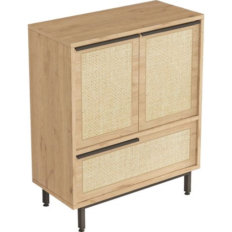 Sideboard Faiano, Kommode 3 Regale, 3 Türen, Wiener Geflecht Effekt, 75x36x90h cm Eichenbraun