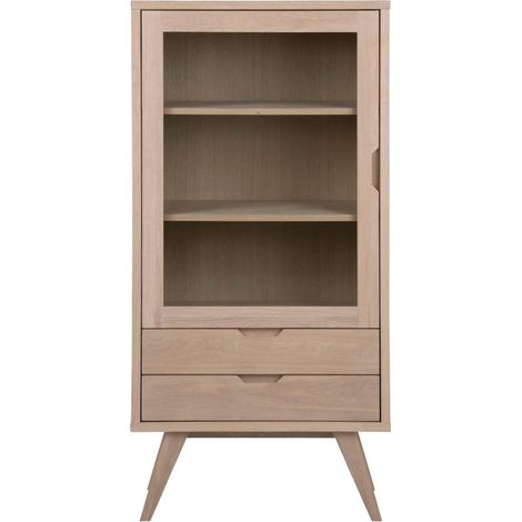 Vitrine 1 porte 2 tiroirs 72x36x145 cm décor chêne blanchi - RUFUS (1/5)
