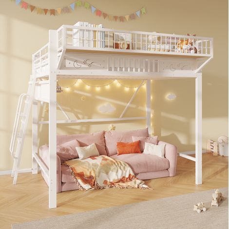 Cama alta de 140x200 cm en metal con estantes de almacenamiento, espacio abierto bajo la cama, uso diario - blanco (1/5)