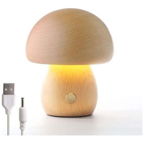 Lampe Champignon en Bois, Lampe de Chevet Portable à Intensité Variable Rechargeableavec USB, Veilleuse sans fil, Lampe de Table Champignon pour la Décoration de la Maison, Lampe de Chevet (Hêtre) [Cl (1/5)