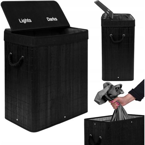 Cesto de ropa de bambú con tapa, 100 L, negro
