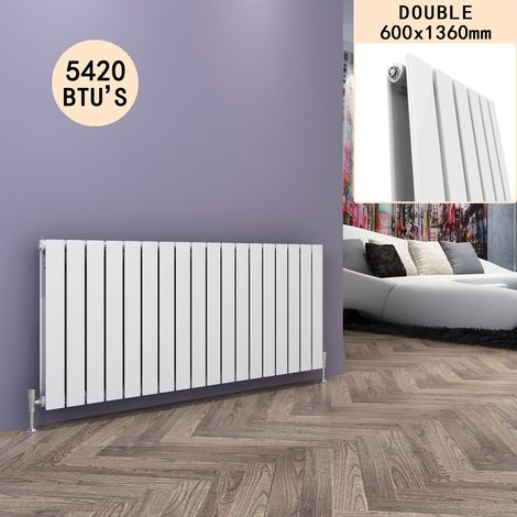 ELEGANT 600 x 1360 mm White Designer Horizontal Radiator Double Flat Panel Bathroom Radiators High Heat Output + Whtie Thermostatic Radiator Valves (1/5)