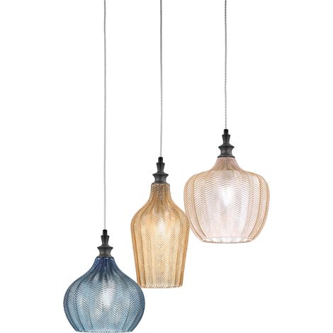 Lampada a Sospensione Tripla Cleofe S/3 Multicolor - Metallo Nero Opaco Vetri Mix Ambra Ocra Cobalto 3x E27 - Gealuce (1/3)