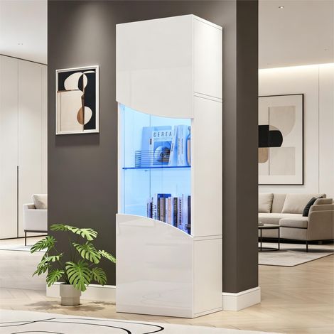 Vitrine Laquée Brillante, Armoire Haute avec Grand Rangement, Éclairage Led, Surface Concave Incurvée, Ondulée, Blanc, 35 X 50 X 165 cm (1/5)