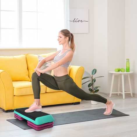 Pedana step regolabile in altezza, stepper fitness con 3 livelli (10/15/20 cm), panca antiscivolo per casa, palestra, ufficio, in plastica, nero+verde+viola