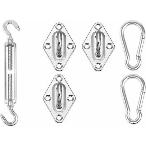 Kit de fixation pour Voile d'Ombrage Triangulaire en acier inox: 3 fixations murales, 2 mousquetons et 1 tendeur (1/5)