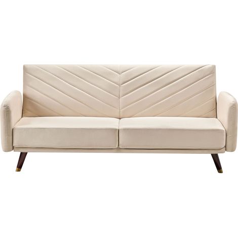 Divano Letto in Velluto Beige Gambe in Legno a 3 Posti Design Retró Senja