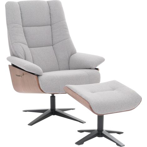 MCA Relaxsessel + Hocker HHG-242, Fernsehsessel Liegesessel, Bouclé Stoff Holz grau